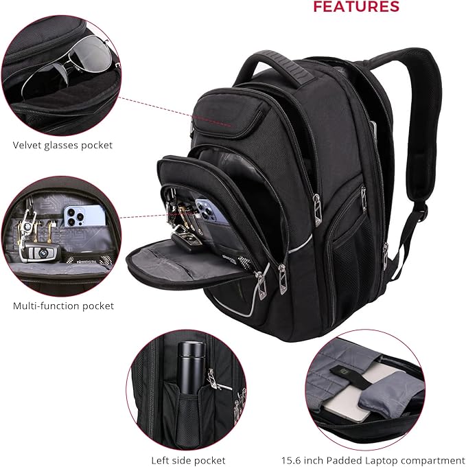 Swissdigital Design Large Travel Backpack For Men TSA-Friendly Business Laptop Backpack USB Charging PortRFID Protection Tech Backpack Fits 15.6Inch Laptop Black/Green | J16BTF-21