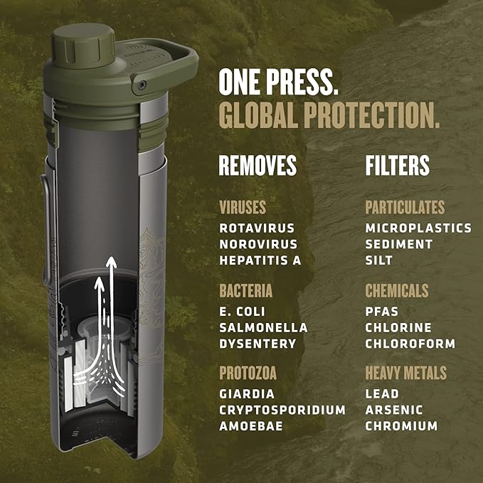 GRAYL UltraPress Titanium 16.9 oz Water Purifier &amp Filter Bottle for Hiking Backpacking Survival Bushcraft Travel (Olive Drab)