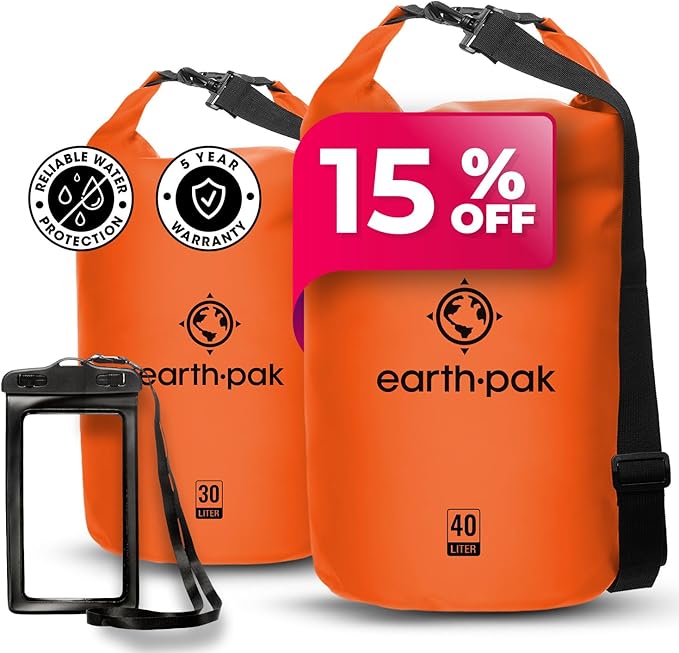 Earth Pak Waterproof Dry Bag - Roll Top Waterproof Backpack Sack (Orange 40L &amp Orange 30L)