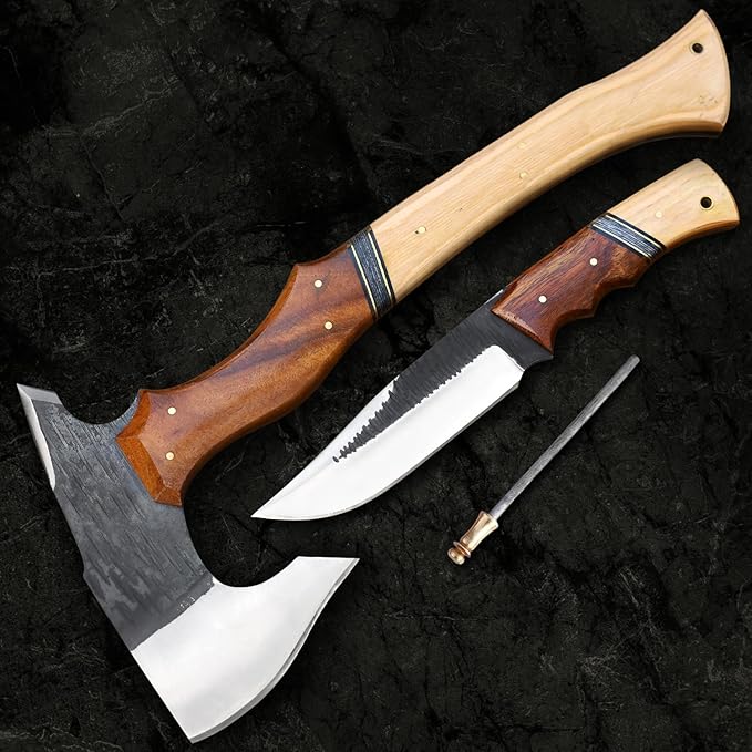 EdgeLandKnives® Hand Forged Tomahawk Throwing Axe and Bushcraft Knife Set Heavy Duty D2 Steel Tomahawk Throwing Axe and Bushcraft Knife Set with Leather Sheath Perfect Combo for Outdoorsmen EL90
