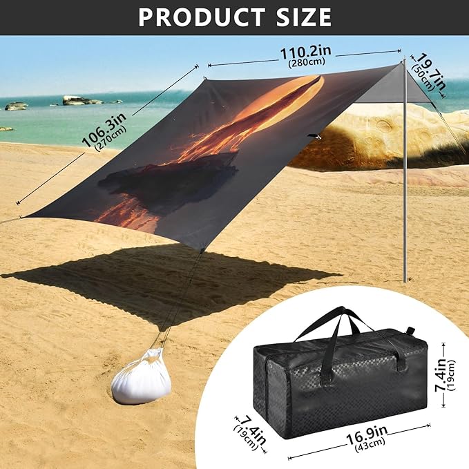 ALAZA Wolf Howling Moon Beach Tent Sun Shelter UPF50+ Protection Beach Shade Canopy w/ 4 Sandbags for Outdoor Camping Fishing Backyard Fun Picnic 10x9 ft