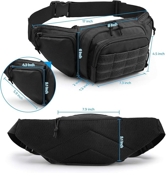 Tactical Fanny Packs pistol waist bag with adjustable waist belt zipper pocket perfect for fitness travel outdoor running and hunting. (Black One Size)