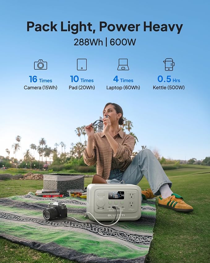 BLUETTI Elite 30 V2 Portable Power Station 288Wh LiFePO4 Battery Backup 600W AC Outlet (Power Lifting 1500W) UPS Fast Charge Solar Generator for Camping Road Trip Emergency