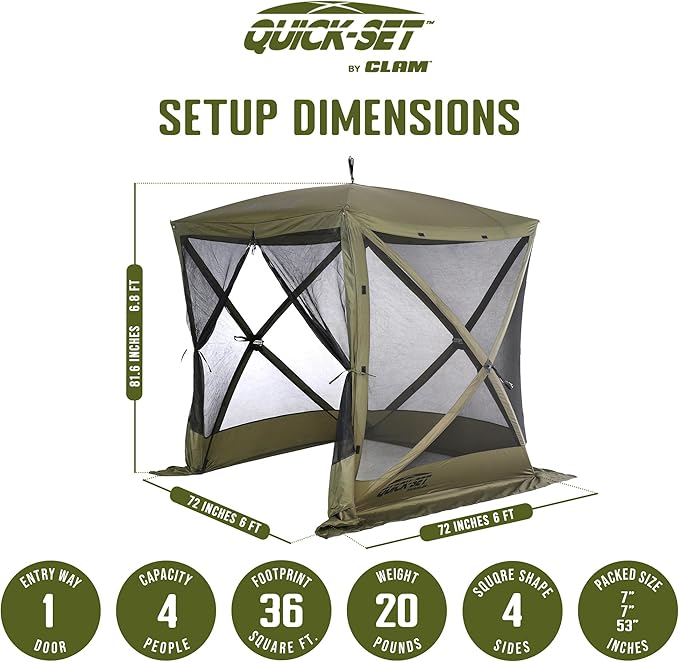 CLAM Quick-Set Pop Up Screen Tent Traveler 6 x 6 ft Instant Setup Green Portable Outdoor Shelter Compact Bug-Free Canopy Tent for Camping Fishing Backyard - Green