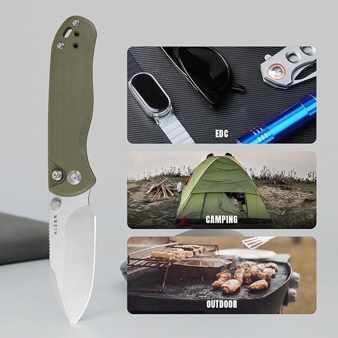 Kizer Drop Bear 2 Pocket Knife 2.92 AEB-L Drop Point Blade Folding Knife with Olive Green G10 Handle Button Liner Lock EDC Knives with Jimping on Spine for Men Women V3619.2CD2