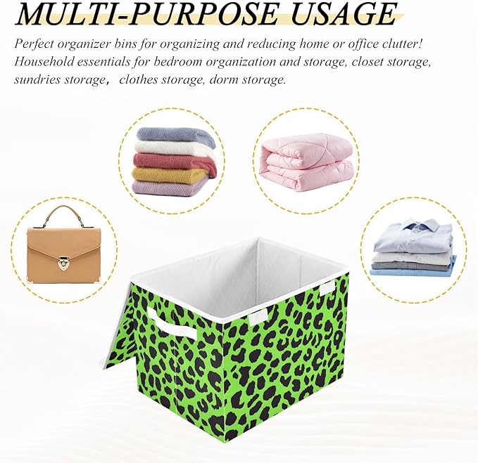 Storage Cube with Lid Green Leopard Camo Print 16.5×12.6×11.8 IN Collapsible Large Capacity Foldable Storage Basket Bin Organizer