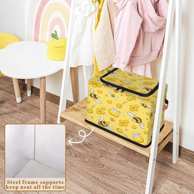 KOBLEN Animal Bee Pattern Storage Basket Collapsible Rectangular Storage Bins with Zipper Lid Handle Closet Shelf Cloth Organizer Basket for Nursery Bedroom Clothes Toy