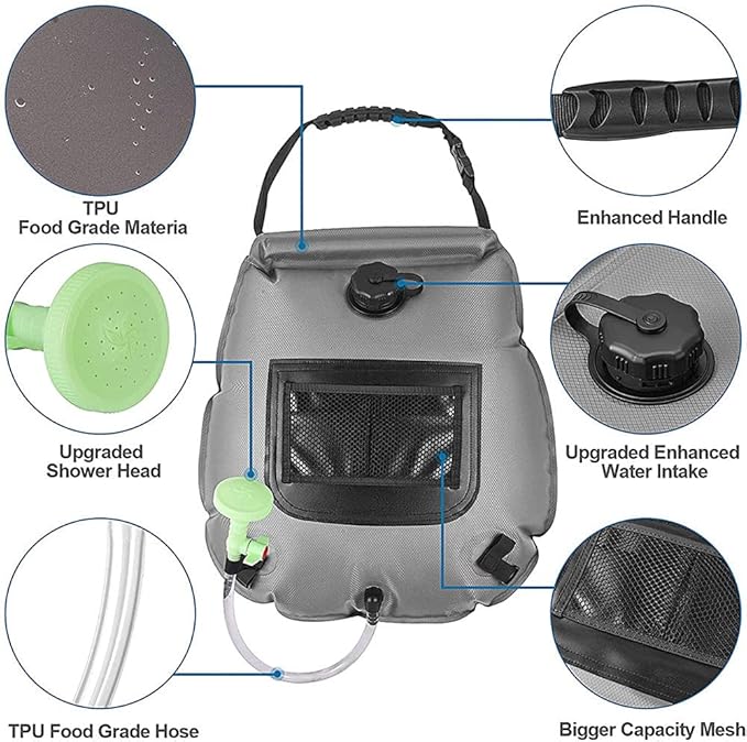 Solar Shower Bag 20L/5 Gallon Camping Shower Bag Portable Solar Camp Shower Bag with Upgraded Removable Hose &amp On-Off Switchable Shower for Camping Beach Swimming Traveling Hiking