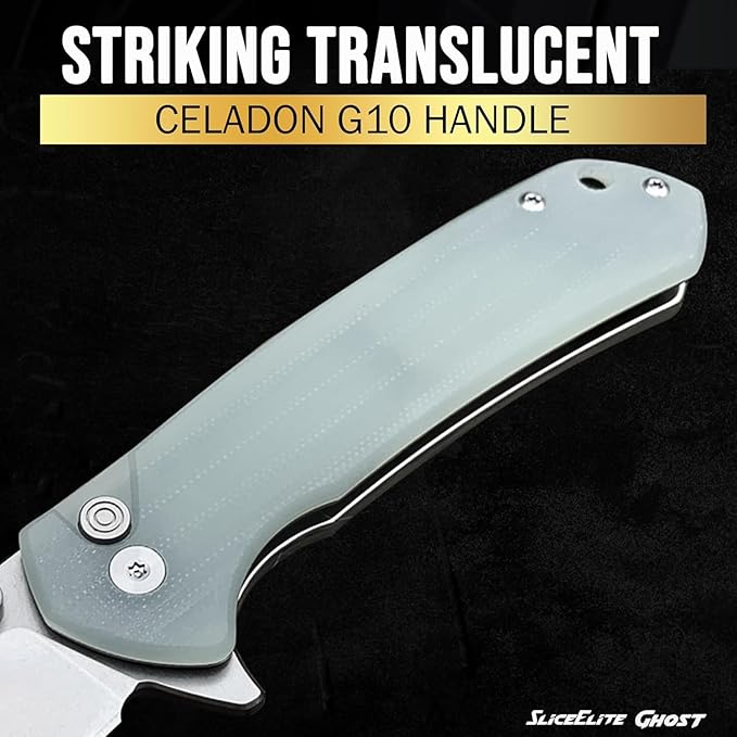 SliceElite Ghost EDC Knife 3.4 Inch D2 Steel Tanto Blade Translucent Green G10 Handle Button Lock Stainless Steel Pocket Clip Lightweight Compact Everyday Carry Knife