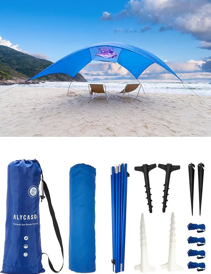 Beach Wind-Powered Shade Canopy Portable Sun Shelter Tent UPF 50+ UV Protection Lightweight Easy Set Up 150 Sq. Ft. of Shade for 3-6 People Regatta Manta Rays