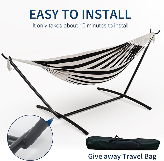 Double Cotton Hammock with Steel Stand for Outside Brazilian Style 450lbs Capacity Portable Indoor Outdoor Lounger with Carry Bag 2-Person Capacity Ideal for Backyard Garden Camping Black
