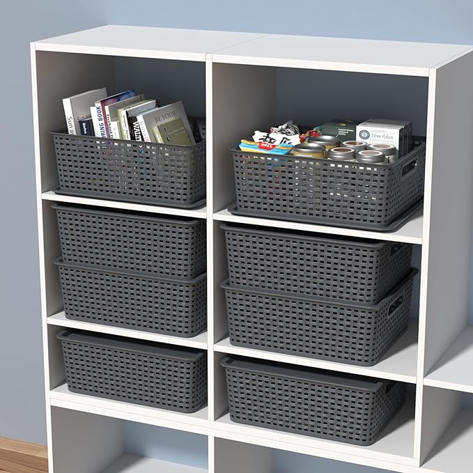 Gray Plastic Storage Basket Bins with Lid 6-Pack Stackable Baskets with Lid 14.05 x 11.65 x 5.31