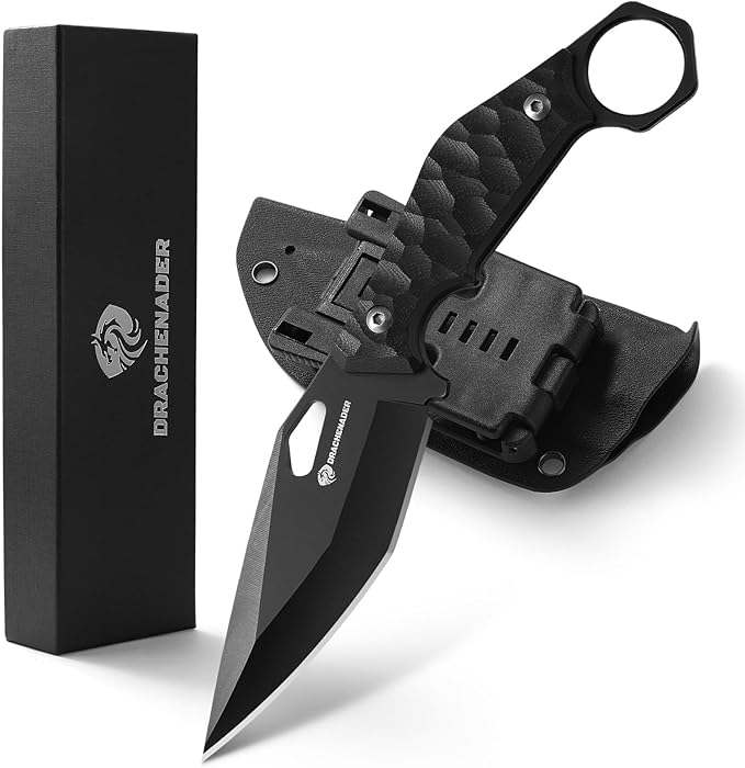 DRACHENADER Survival Knife SEAL-FULL BLACK 9 EDC Fixed Blade Tactical Horizontal Carry Knife for Men with Kydex Sheath 5mm Thick Stainless Steel G10 Anti-Slip Handle Ideal for Gifting Full Black