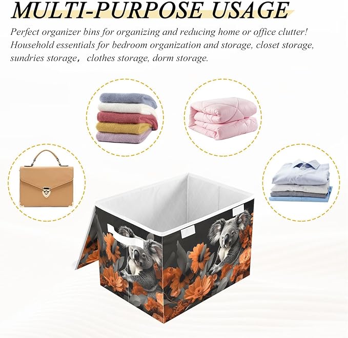 Storage Cube with Lid Koala with Floral Print 16.5×12.6×11.8 IN Collapsible Large Capacity Foldable Storage Basket Bin Organizer