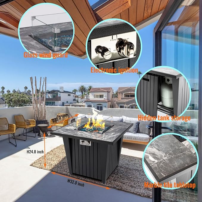 32'' Propane Fire Pit Table Marble Tile Ceramic Tabletop with Glass Wind Guard 50000 BTU Fire Table with Inclined Leg and Art Powder Design Blue Glass Rocks Including Lid&ampCover Grey