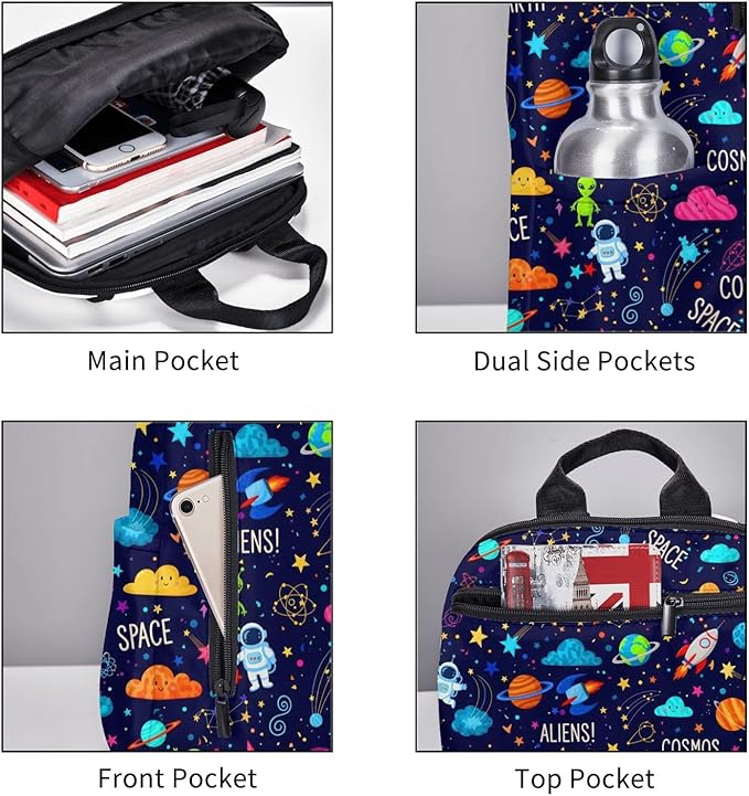 Cartoon space rockets astronaunt planets stars alien art Travel Backpack Water Resistant Bookbag