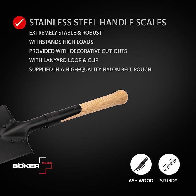 Boker Plus® Shovel M1874 - German Field Spade with Wooden Handle - Army Short Spade Based on Historic Pioneer Spade - Short Outdoor Shovel with Bag for bushcraft Camping and Survival Equipment