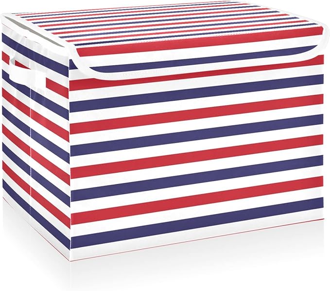 CaTaKu Large Fabric Storage Bins With LidsRed White Blue Stripe Storage Boxes With Handles for Organizing Clothes Collapsible Storage Cube Bins Baskets for Shelves