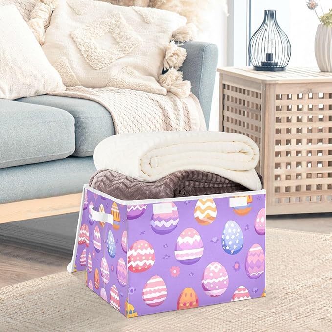 Collapsible Storage Bins with Lids Decorative Fabric Storage Cubes Closet Organizer and Storage Basket Boxes Containers for Clothes Box Chest Nursery Folding Rectangle Purple Easter Eggs
