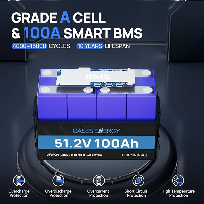 48V 100Ah LiFePO4 Lithium Battery Build-in BMS with Low Temp Protection 500A Peak Current Up to 5000+ Deep Cycles Battery for RV Camper Solar Energy Storage Boats Trolling Motor Off Grid