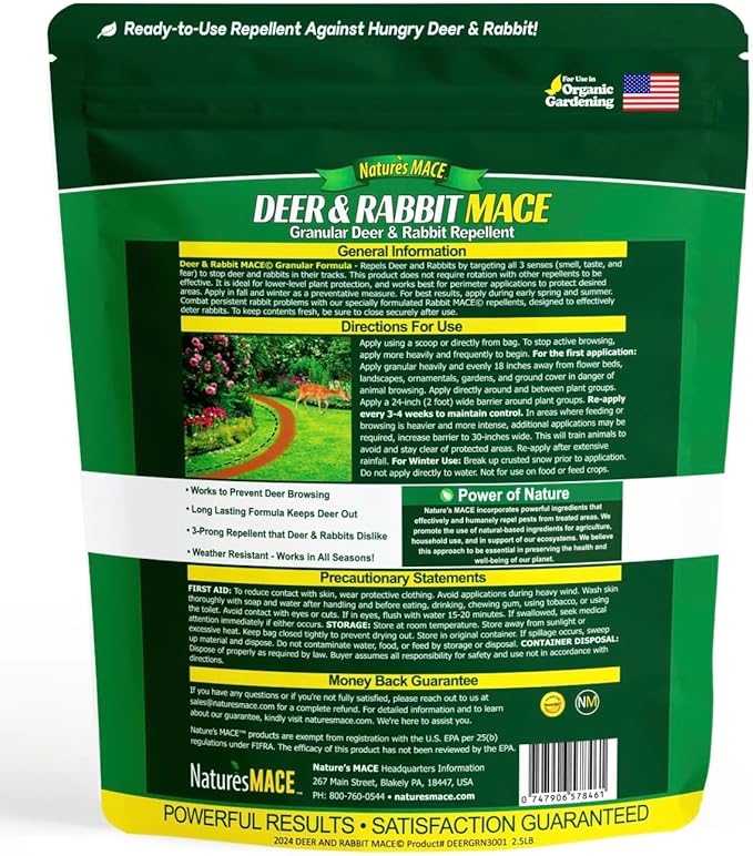 Nature's Mace Deer &amp Rabbit Repellent 25 Pound Bag Repel Deer from Your Home Garden Deterrent Safe to use Around Children Plants Produce Protect Your Garden Instantly Plant Safe