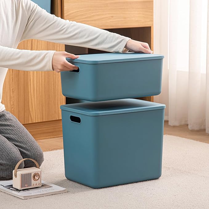 Plastic Storage Bins with lidsStorage BasketsContainer with handleStorage Organizer Bins for ShelvesOfficeBedroomsClosets Cabinets(Blue 3M)