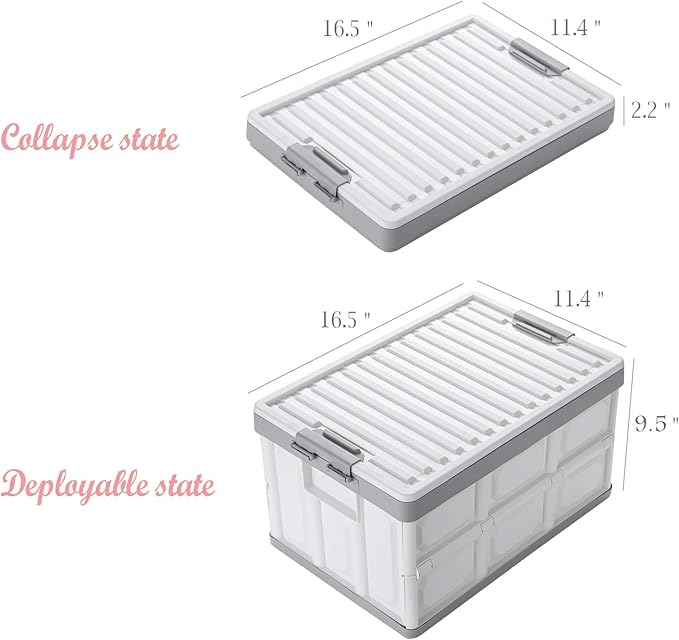 Collapsible Storage Bins with Lids 30L Folding Plastic Stackable Utility Crates 2-Pack Durable Containers for Home &amp Garage Organization - Oyster White