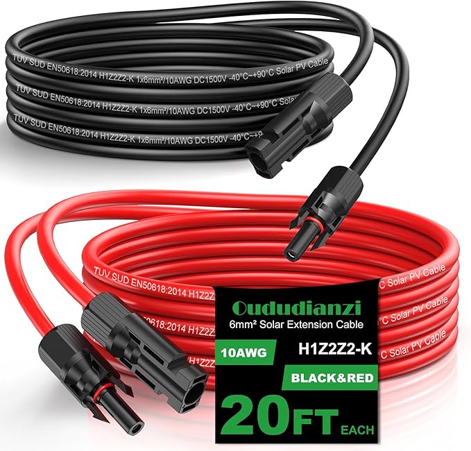 Oududianzi Solar Extension Cable 20Ft Solar Wire 10AWG Tinned Copper PV Cable 10Gauge Solar Panel Cables with Waterproof Connectors for Home Boat RV Outdoor Camping Solar Panels