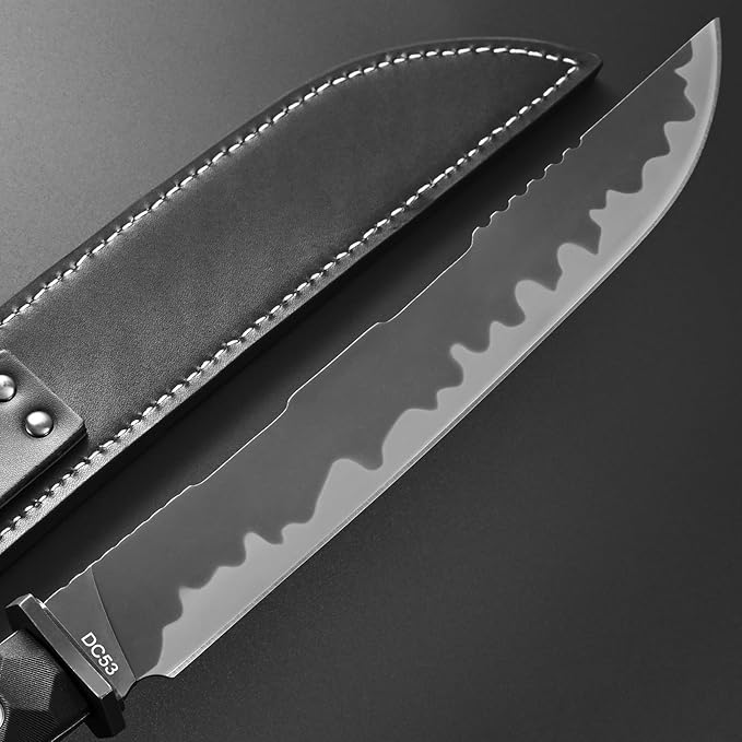 Gtkii GTK38 Fixed Blade Knife DC53 Steel Blade Full Tang Nylon Fiberglass Handle Samurai Style Fix Knifes for Outdoor Camping Hunting Collection with Leather Sheath(Black)