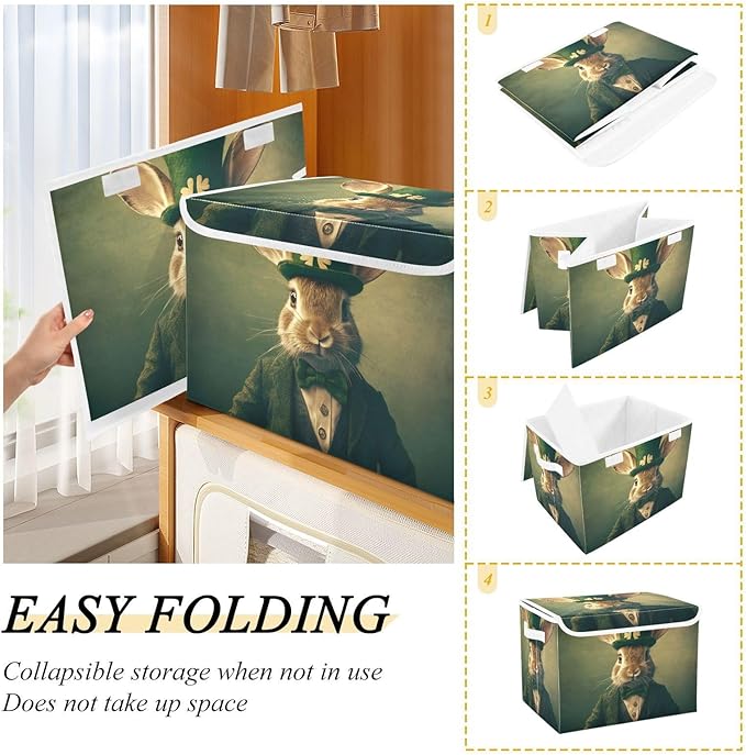 Storage Cube with Lid Saint Patrick’s Day Rabbit Print 16.5×12.6×11.8 IN Collapsible Large Capacity Foldable Storage Basket Bin Organizer