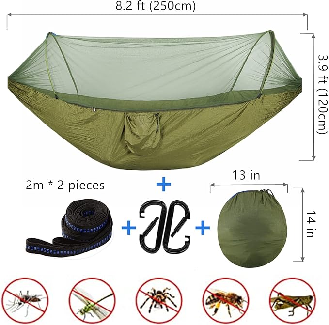 LFL Camping Hammock with Mosquito Net Hammocks with 13ft Tree Straps Carabiners Automatic Quick Open Outdoor Portable Hammock Nylon Parachute Material Outside Hammocks with Net (Black)