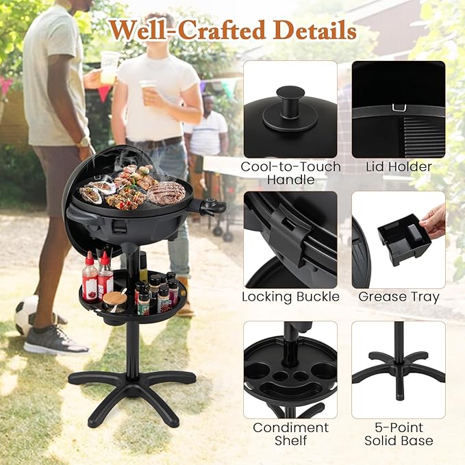 1200W Electric Grill Outdoor 2-in-1 Freestanding &amp Tabletop BBQ Grill w/Thermometer Nonstick Griddle Lid &amp Drip Tray Portable Camping Grill for Patio Backyard Party Black