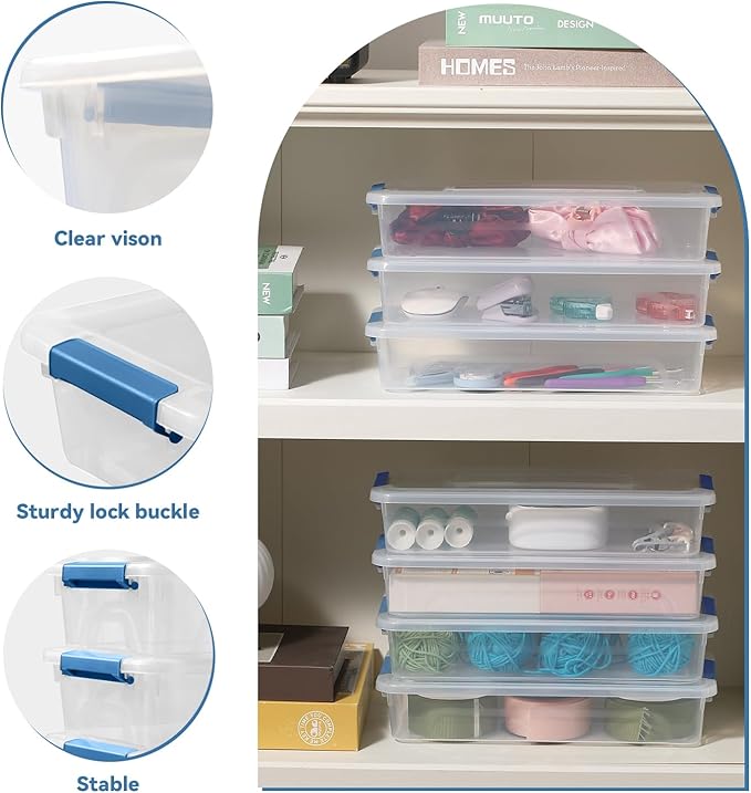 Clear Plastic Storage Bins with Lids Stackable Storage Box for Crafts Supplies (Small 8Pack Blue)