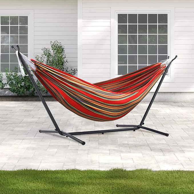 550lbs Capacity Double Hammock Adjustable Hammock Bed with 10ft Heavy Duty Steel Stand Includes Portable Carrying Case Easy Set up Red Pinstrip B