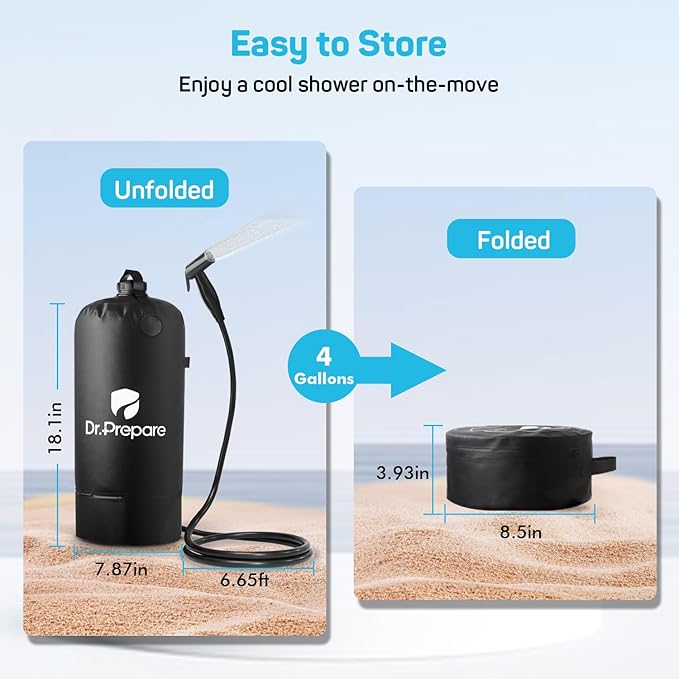 DR.PREPARE Portable Shower for Camping 4 Gallons/15L Camping Shower Bag Portable Outdoor Shower with Rechargeable Pump for Camping Beach Hiking Climbing Pet Cleaning