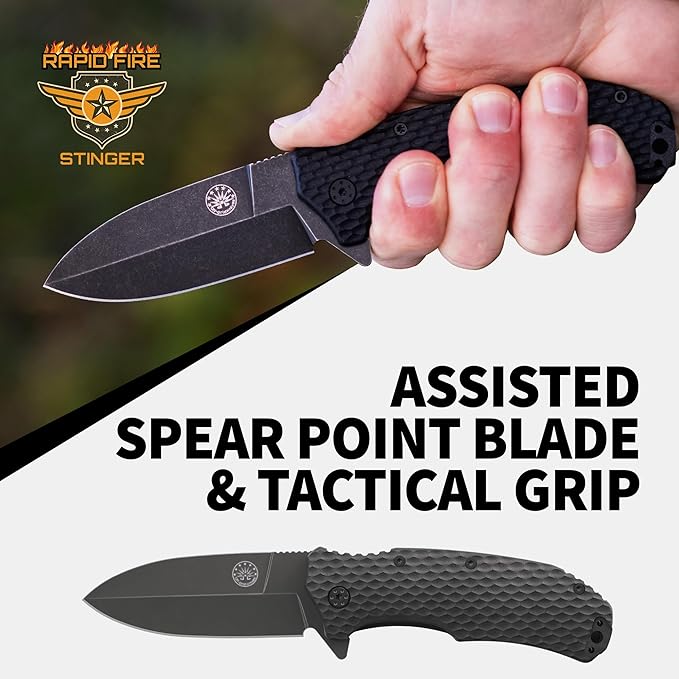 Off-Grid Knives - Rapid Fire Stinger Assisted Spear Point Blade Hard Use Build Tactical Camping &amp Survival EDC Cryo D2 Steel G10 Scales Deep Pocket Carry (Blackout)
