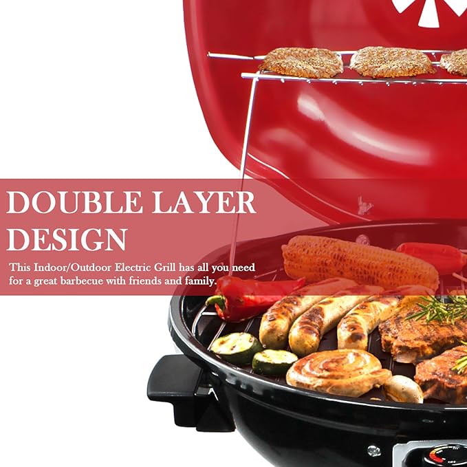 Electric Grill Outdoor BBQ Techwood 15-Serving Indoor/Outdoor Electric Grill for Indoor &amp Outdoor Use Double Layer Design Portable Removable Stand Grill 1600W (Stand Red BBQ Grills)