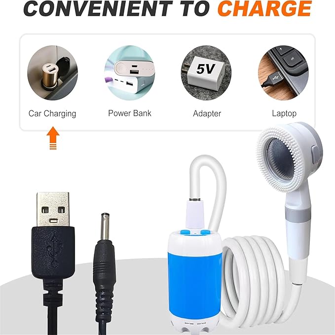 Portable Camping Shower with Rechargeable Pump – Adjustable Water Flow Built-in Cleaning Brush 60 Min Battery Life USB Charging Lightweight &amp Compact for Camping Hiking Beach &amp Pet Bathi