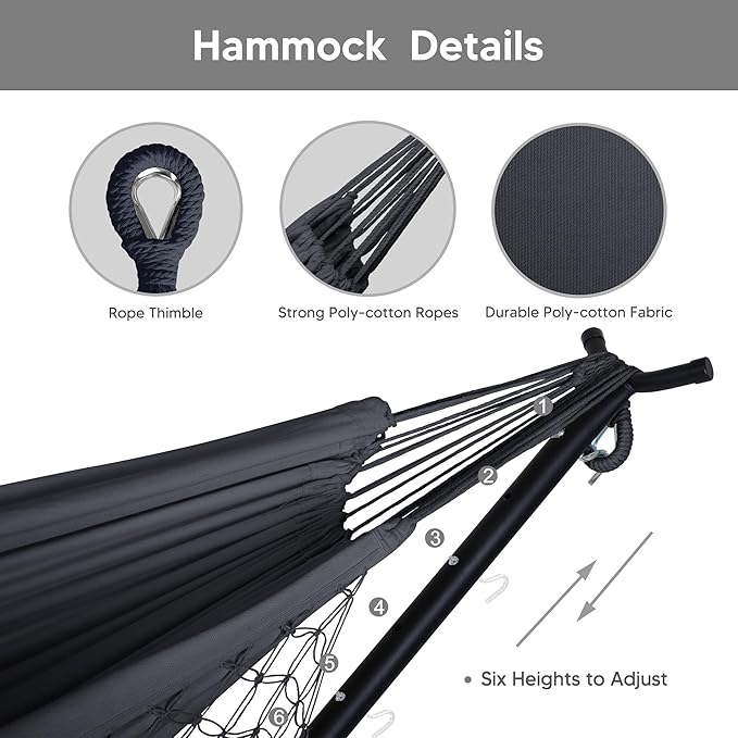 SUNCREAT 2-in-1 Hammocks Convertible Portable Double Hammock with Stand Included Outdoor Hammock and Stand Patented Dark Grey with Tassel