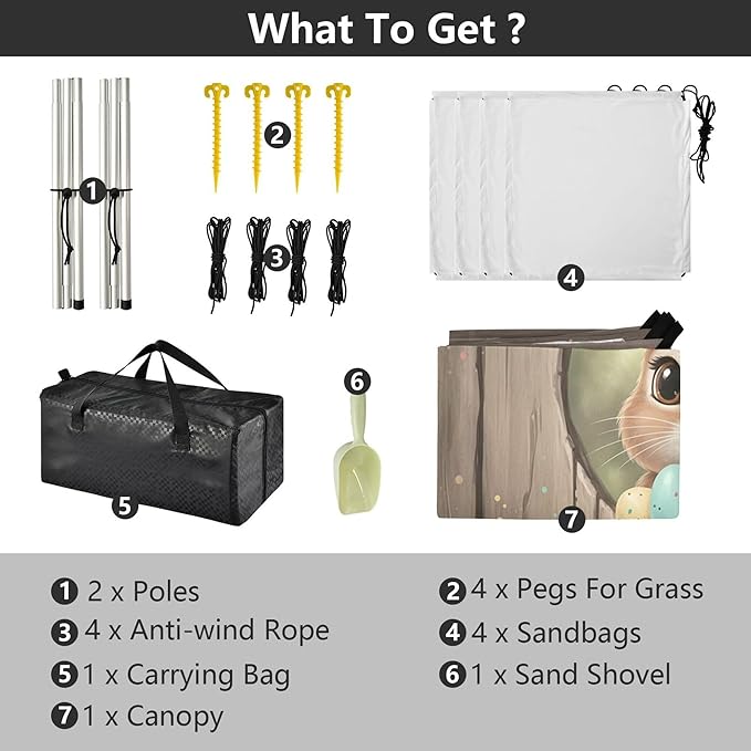 Happy Easter Beach Canopy Sun Shelter with Sandbags &amp Sand Shovel &amp Windproof Ropes - Portable 110x126 Beach Shade Beach Tent for Camping Picnics