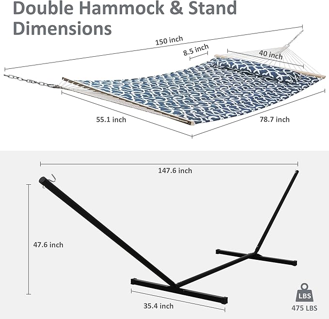 SUNCREAT Two Person Hammock with Stand 475 lbs Capacity Portable Patio Hammock with Hardwood Spreader Bar Large Soft Pillow Blue Pattern