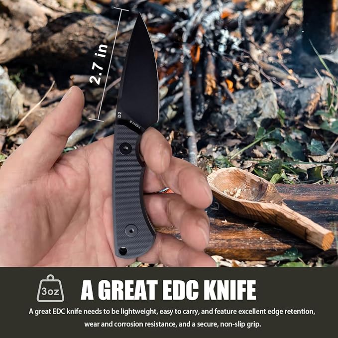 Tactical EDC Fixed Blade Knife with Sheath and clip 2.7 in Blade Small Fixed Knives for Outdoor Camping Survival Bushcraft Camp knife made of D2 steel and G10 Ergonomic handle (Black)