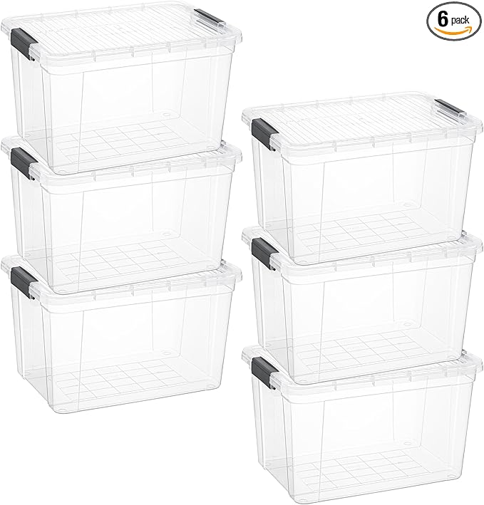 Superio Clear Storage Boxes with Lids 26 Quart Plastic Container Bins for Organizing Stackable Crates BPA Free Non Toxic Odor Free Organizers for Home Office and Dorm 6 Pack