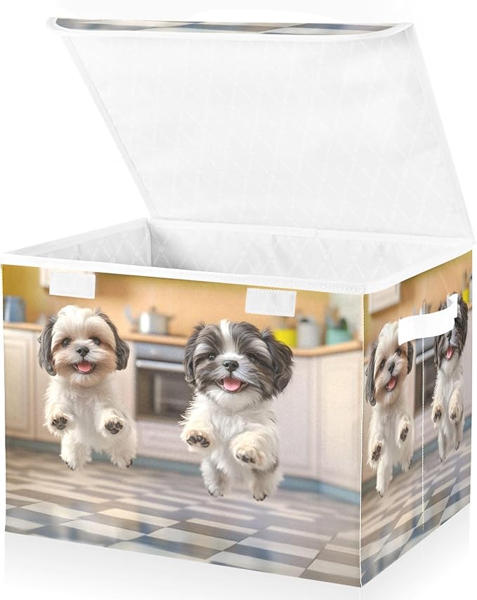 AIXIWAWA Lidded Storage Cube (Jumping Puppy) Fabric Foldable Closet Bins with Flip Lid and Handles Organizer Basket Container 16.5 x 12.6 x 11.8 IN