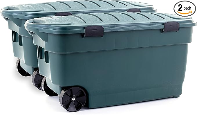 Rubbermaid ECOSense Wheeled Storage Totes 40 Gal Pack of 2 Durable and Reusable Bins with Latching Lids for Garage or Home Organization Made From Recycled Materials