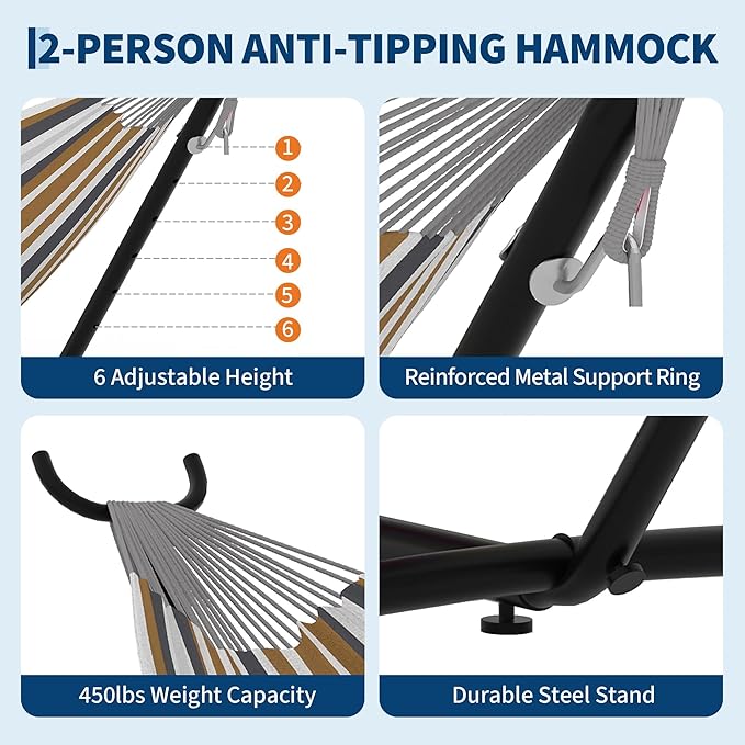 Double Hammock with Stand 2 Person Heavy Duty Hammocks for Outside–450IB Capacity Portable Hammock with Space-Saving Steel Frame &amp Carrying Case Easy Setup for BackyardCampingBeach-Brown