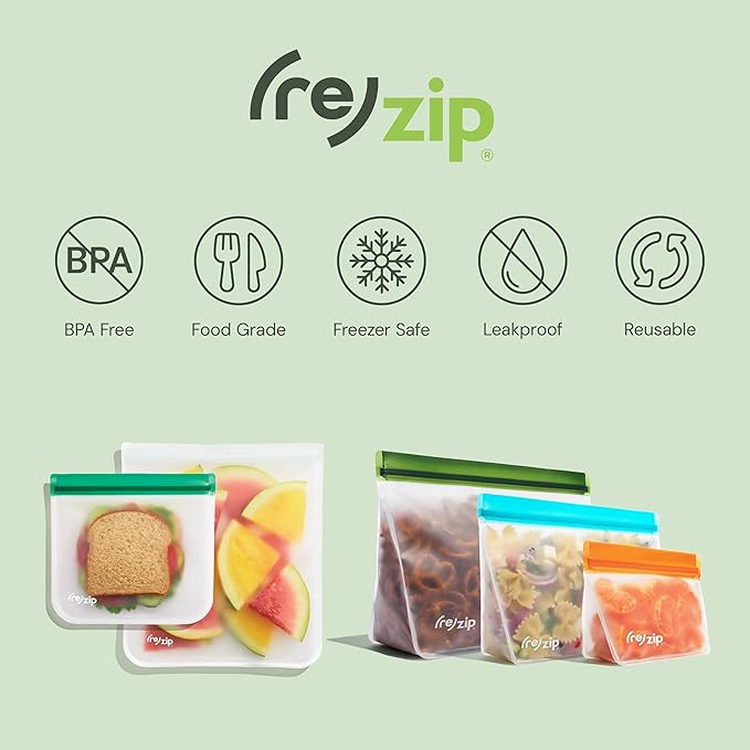 (re)zip 5-Piece Summer Day Camp Essentials Kit – Reusable Gallon Sandwich Snack Bags + Roll Top Dry Bag – BPA-Free Leakproof Storage for Food Clothes and Camp Gear