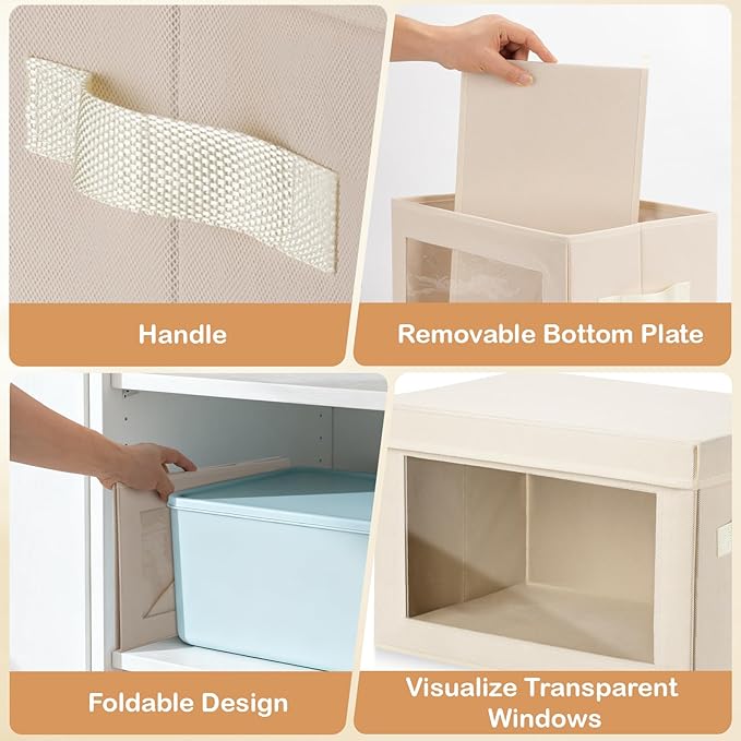 VZZNN Collapsible Toy Storage Bins 6 PCS with Lids &amp Clear Window Fabric Organizers with Handles for Closet Nursery Playroom | Beige Decorative Storage Boxes (14.5x9.4x9.8 Inches)