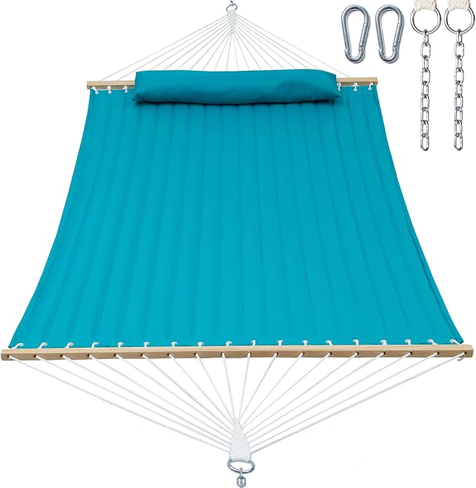 GAFETE Hammock 2 Person Quilted Fabric Hammocks for Outside Double 12ft Hammocks with Spreader Bar Large Removable Pillow Storage Bag Carabiners Max 475 lbs Capacity (Canyon Creek Aqua)