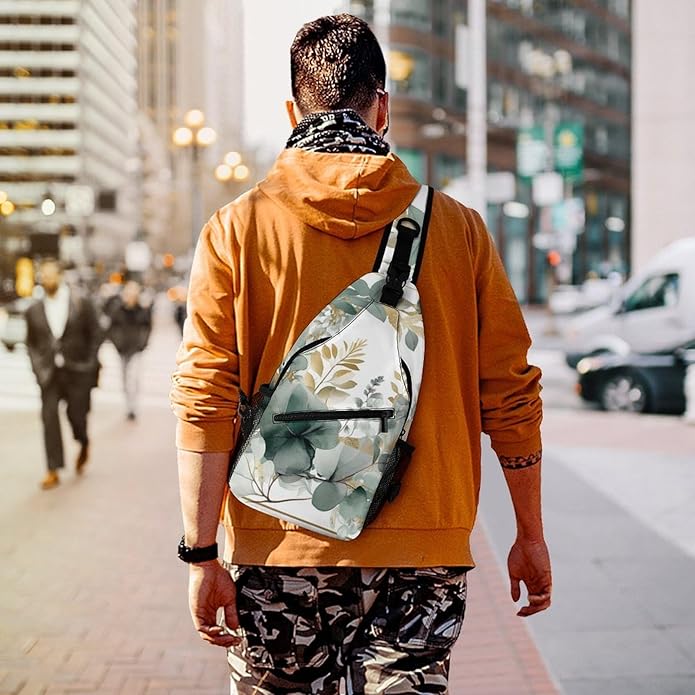 Chest Bag Chest Bag for Men Tactical Running Chests Pack Outdoor Sports Chests Bag Gold And Green Leaves Sling Backpack Women Suitable for Hiking Running Cycling And Shopping